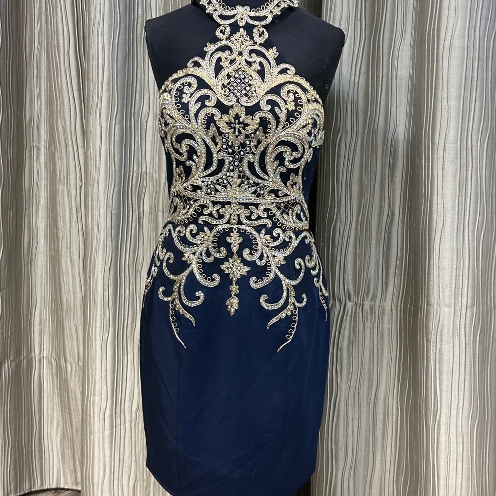 Navy JVN by Jovani razor cut short dress with beaded embellishment size 6